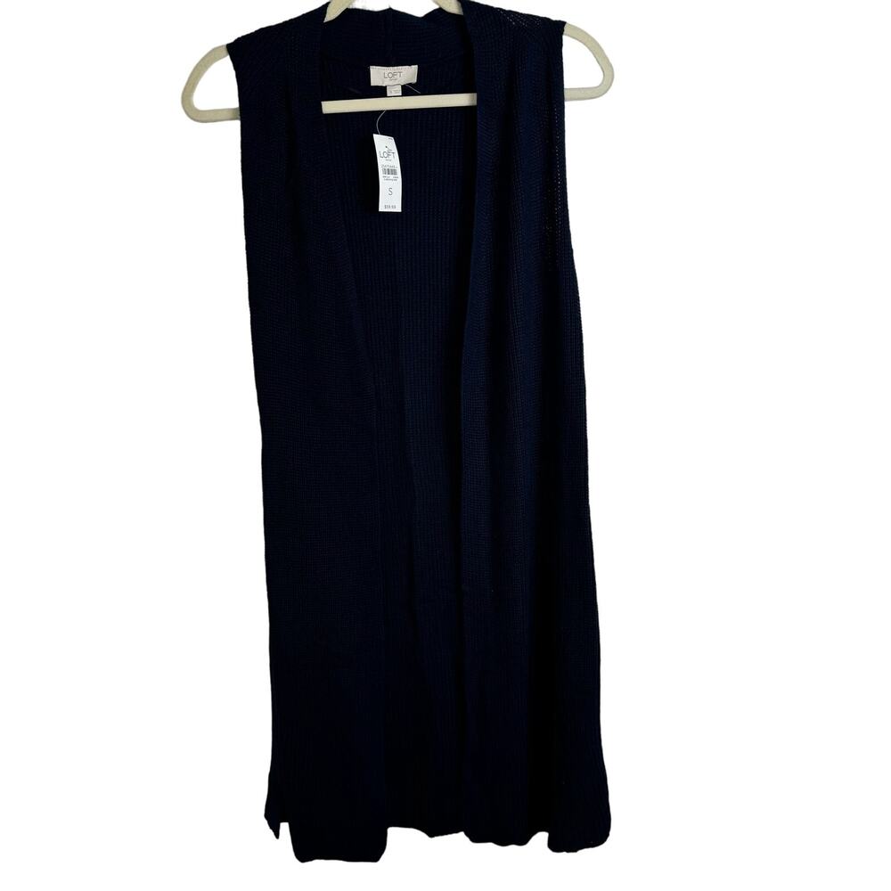 Loft Navy Blue Open Front Cardigan Duster Knit NWT Size Small Minimalist Neutral